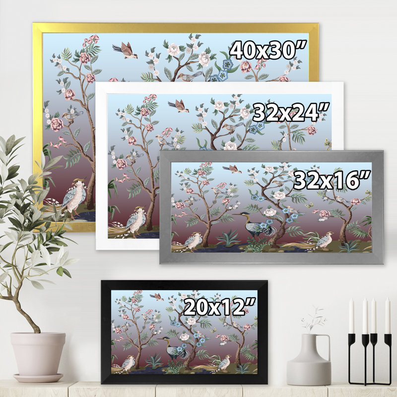 Chinoiserie avec oiseaux et pivoines - peinture sur toile, H 24 po x l 32 po x P 1 po, Cadre photo blanc
