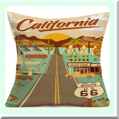 Vintage Route 66 Cotton Linen Pillow Covers - Set of 4 | Motorcycle Car Map Office Home Decor Cushion Cases | California Signs Board Mother Road