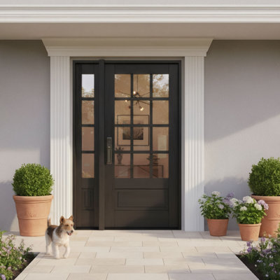 G7512-SW-80_1-1 | Porte simple 80 po + 1 imposte, pré-montée extérieure, 1 panneau, 12 carreaux, 3/4 de carreaux, bois d'acajou brut