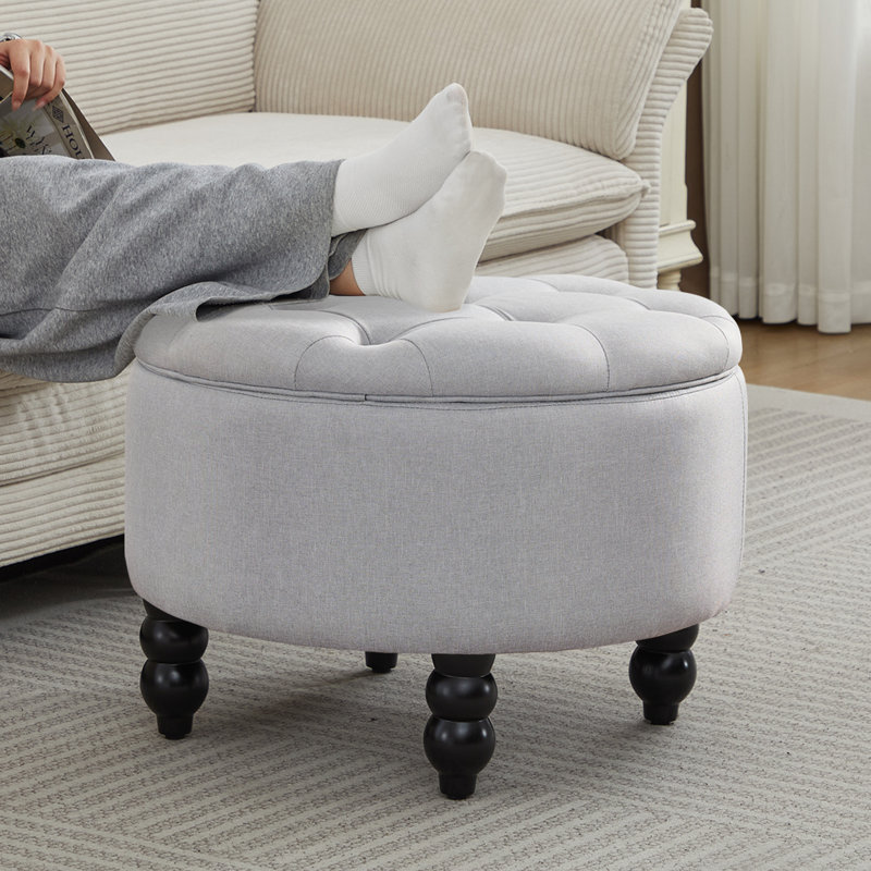24'' Wide Upholstered Round Storage Ottoman, Gray Linen