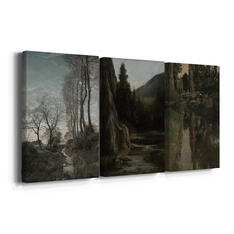 Paysage rétro CXLV - Toile tendue avec châssis sur mesure - 3 pièces, H 12 po x l 24 po