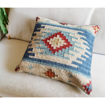 Bimala Kilim Large 50 cm x 50 cm Cushion Cover in Rich Blue Multi Colour Geometric Pattern