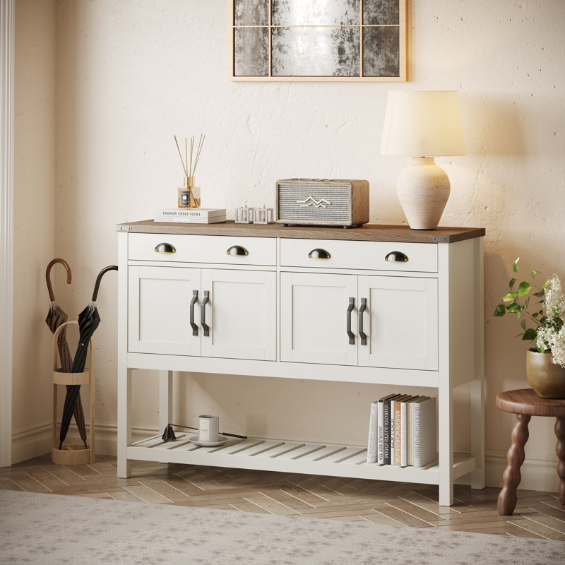 47"W Console Table Entry Cabinet with Two Drawers and 2 Double-Door Variant Product Name, Beige, Brown Wood
