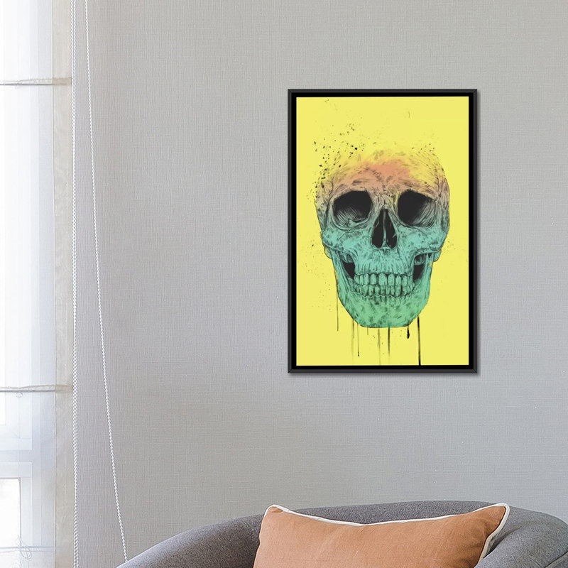 « pop art crâne », impression sur toile tendue, H 26 po x l 18 po x P 1,5 po, Toile avec cadre noir, Pas de tapis