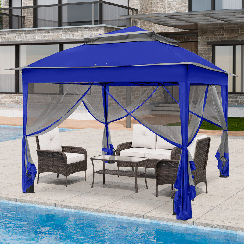 11 pi. L 11 pi. X P 11 pi. D Pavillon de jardin d'extérieur en acier à toit souple avec filet, Blue/Gray