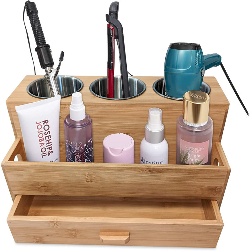 Organisateur pour outils pour cheveux, support de coiffage en bambou, porte-séchoir pour comptoir de salle de bain