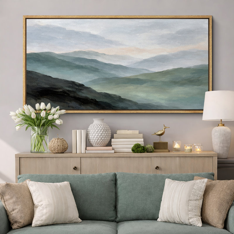 Abstrait paysage de montagne brumeux, photos de salon serein, impression sur toile encadrée, H 30 po x l 60 po x P 1,5 po