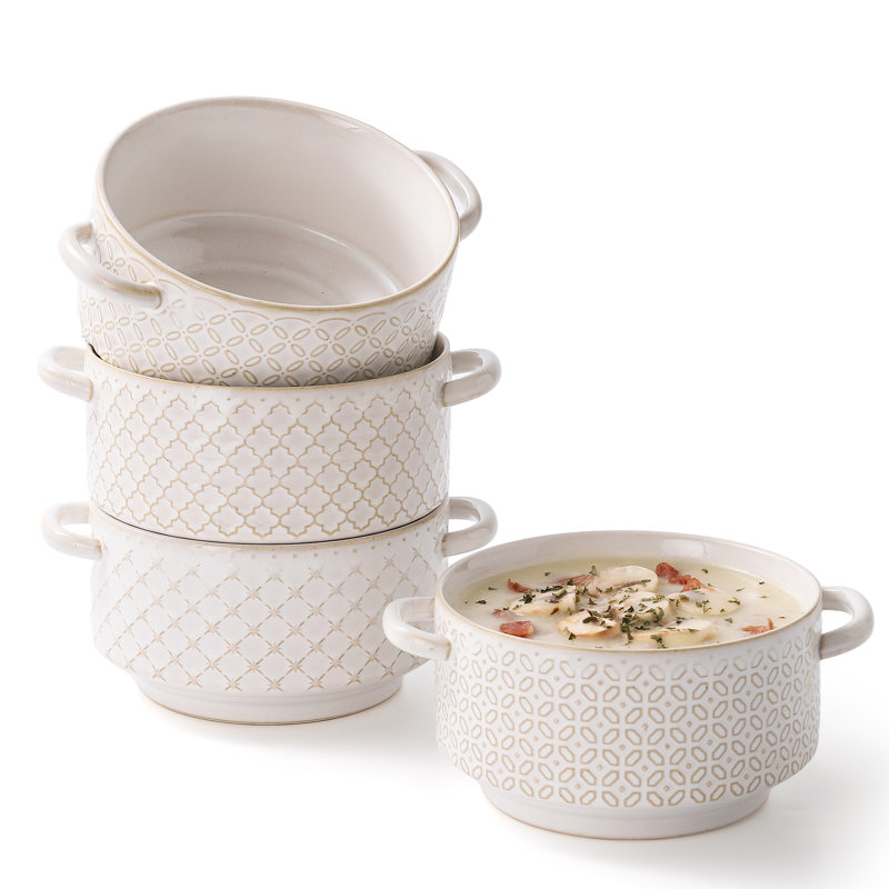 Verre 24 oz. Dowan Ensemble de 4 bols à soupe gaufrés réactifs en relief avec poignées, ensemble de 4