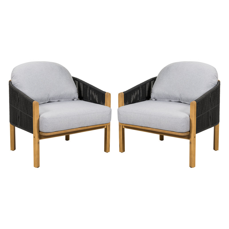 Fauteuil club d'extérieur en bois, corde gris foncé avec coussin gris, ensemble de 2, Gris, Gris