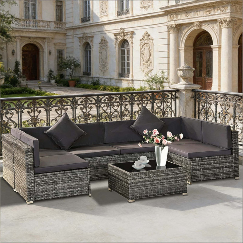 Versatile 7-Piece Outdoor Wicker Sofa Set With Durable Steel Frame And Comfortable Cushions For Year-Round Use, Dark Gray