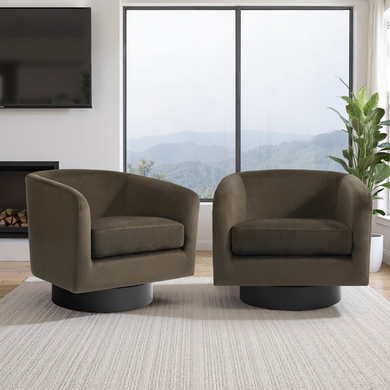 Everett Applewold Upholstered Coffee Velvet Swivel Barrel Chair with Solid Wood Base, Coffee