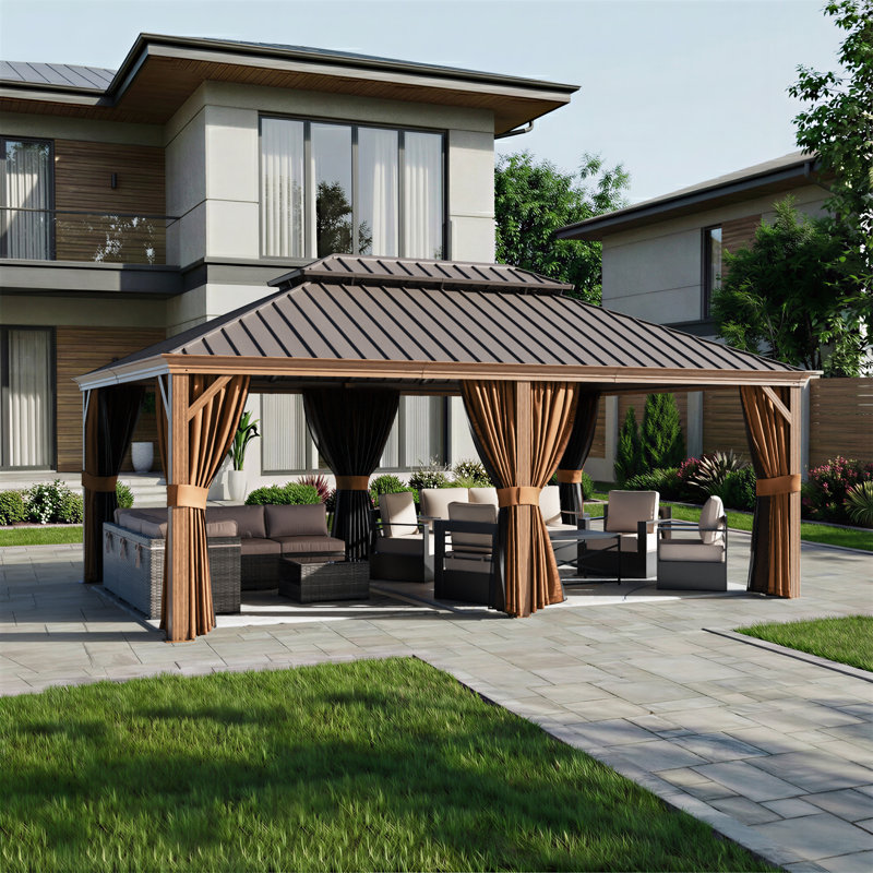 20 FT.W × 14 FT.D Steel Outdoor 2-Tier Hard Top Patio Gazebo with Total Mesh Protection, 126.51" H x 237.78" W x 166.86" D