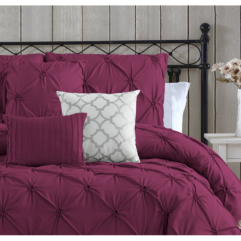 Ensemble d'édredon en microfibre 7 pièces Smocked Circle, Édredon très grand et 6 pièces supplémentaires, Mauve