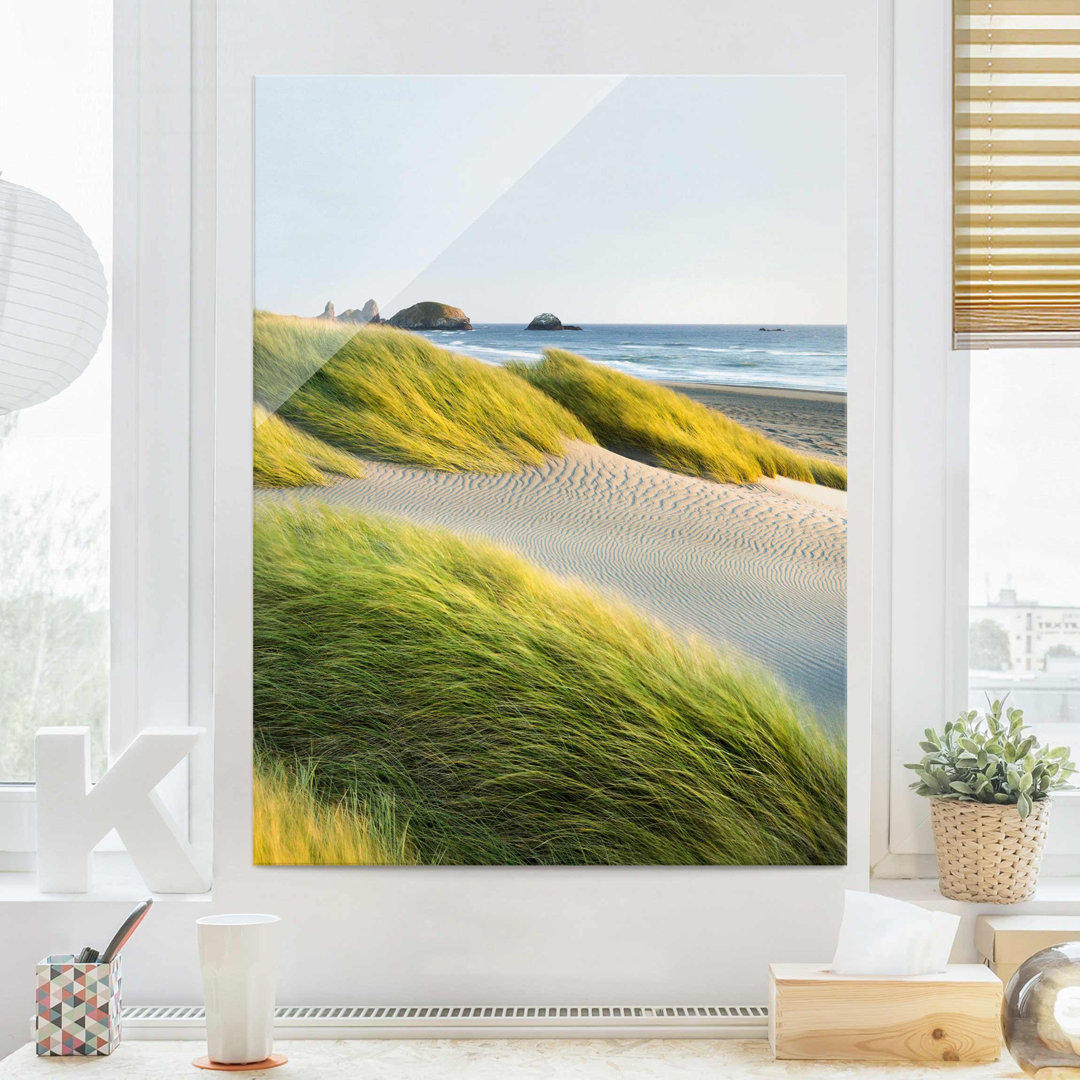 Glasbild Stranddünen und Gräser am Meer