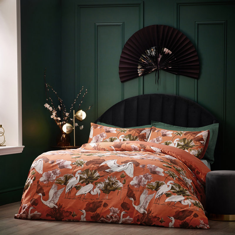 Kushiro Polyester Floral Duvet Cover Set with Pillowcases Included, Coral, Super King - 2 Standard Pillowcases
