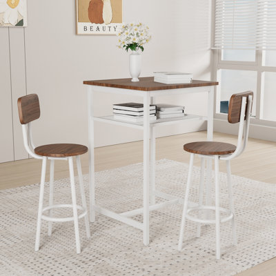 Ensemble de 3 tables de bar et tabourets, tabourets pliables pour économiser de l'espace, matériau en fer, couleurs blanc brun, bistro convenable avec 2 tabourets confortables, conception cloisonnée, fer à haute résistance, imperméable