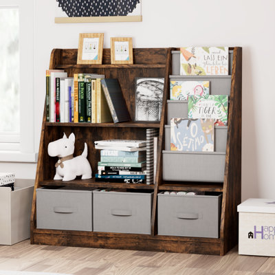 4 Tier Kids Bookshelf with Storage Basket, Toddler Bookshelf and Toy Storage, Baby Wooden Bookcase for Kids Room, Playroom, Classroom