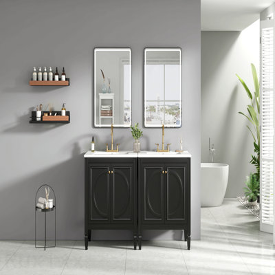[Video] 60" Bathroom Vanity With Double Sink Combo Set, Ceramic Sink, Soft Close Doors With Shelf, Storage Drawer, Black
