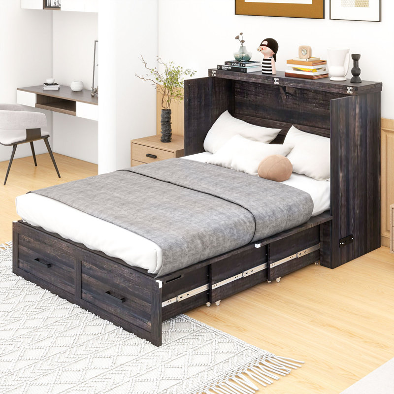  Wood Murphy Bed with Charging Station and USB ports, Rustic Gray, Full / Double