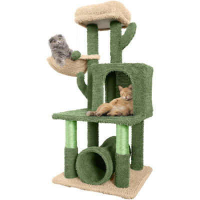 40-Inch Cactus Cat Tree w/ Widened Perch for Large Cats & Kittens, Multi-Level Cat Tower w/ Scratching Posts & Ramp, 2-Door Cat Cave Condo
