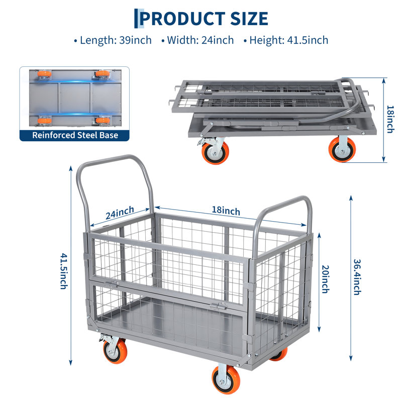 Chariot-plateforme pliable robuste 6-en-1 avec côtés en filet amovibles - Capacité de 1800 lb - Roues verrouillables - Chariot à plat polyvalent pour entrepôt, garage, épicerie, buanderie