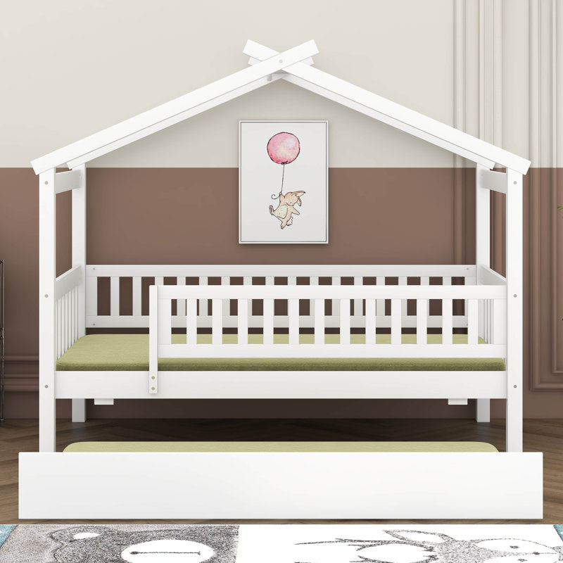 Twin Size Wooden House Bed With Twin Size Trundle, Wood Platform Bed Frame With Fence, Roof, And Safety Guardrail, Twin
