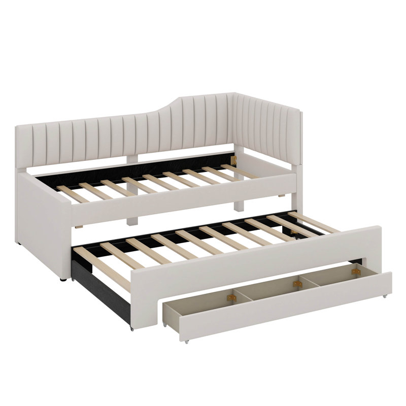 Lit rembourré avec lit gigogne et tiroirs, Beige, Lit simple
