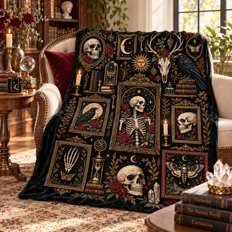 Plaid gothique squelette, jeté en flanelle noire orné de crânes, corbeau, bois de cerf, papillon de nuit, livres et bougies, idéal pour canapé, lit ou coin lecture, 76 x 102 cm
