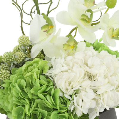 Organic Modern Arrangement with Orchids and Hydrangeas