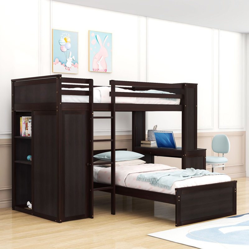Asgun Wood Bunk Bed with Shelves,Desk and Drawer, Twin Over Twin, Espresso