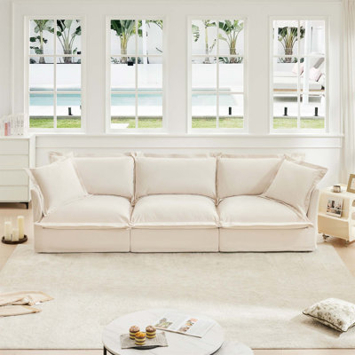 Slipcovered Long Sofa, 4 Seater Sofa With Removable Cover, Extra Deep Couch For Living Room, ,Chenille Fabric Cloud Like Comfy Sofa Couch, Chenille Fabric