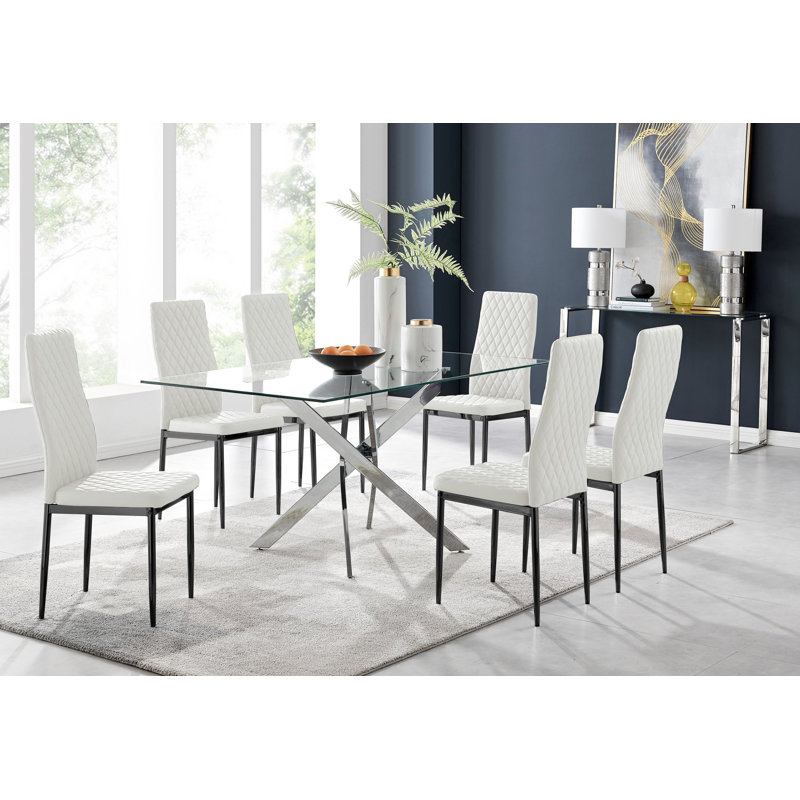 Lenworth Modern Chrome Metal and Glass Dining Table Set with 6 Luxury Faux Leather Dining Chairs, Black, Sliver