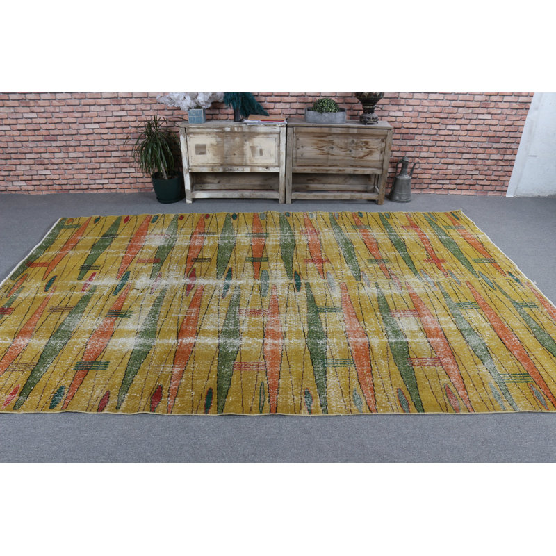 Grand tapis turc jaune Oushak - pièce décorative rétro parfaite pour la salle à manger ou le salon