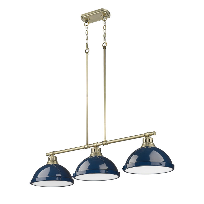 Luminaire suspendu linéaire 3 lumières Laramy, Laiton vieilli, Bleu marine mat