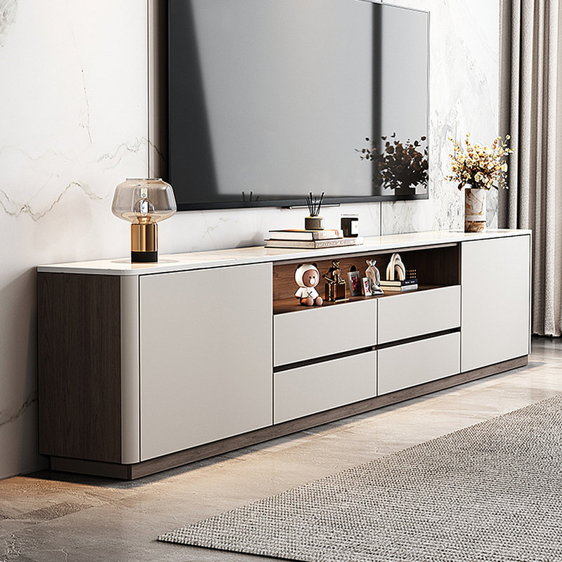 Meuble télé moderne en pierre frittée minimaliste, H 23,62 po x L 94,49 po x l 15,75 po