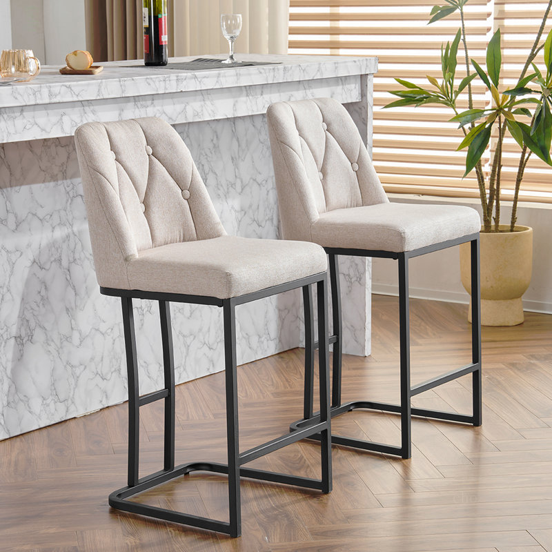 Ensemble de 2 tabourets de bar rembourrés modernes avec dossier capitonné, chaise à hauteur de comptoir avec structure en métal robuste, siège rembourré confortable pour la cuisine, le bar ou la salle à manger