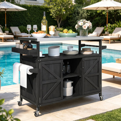 Farmhouse Outdoor Grill Cart, Rolling Bar Cart Grill Table With Stainless Steel Top, Spice Rack , Towel Rack For Kitchen & Barbecue