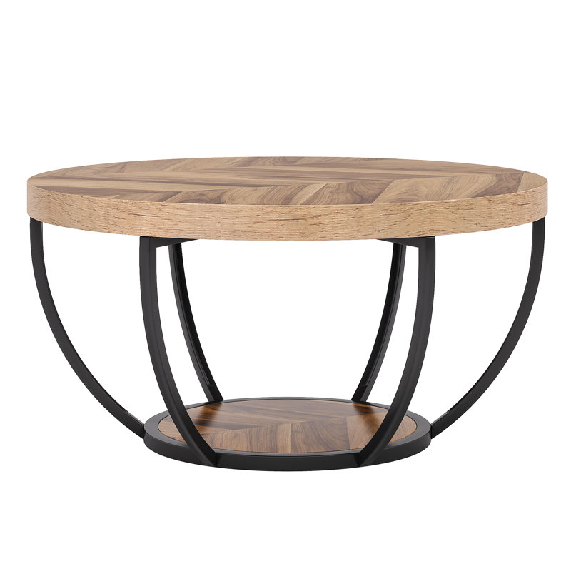Nordic Style Round Herringbone Coffee Table With Curved Metal Legs & Lower Shelf, Natural