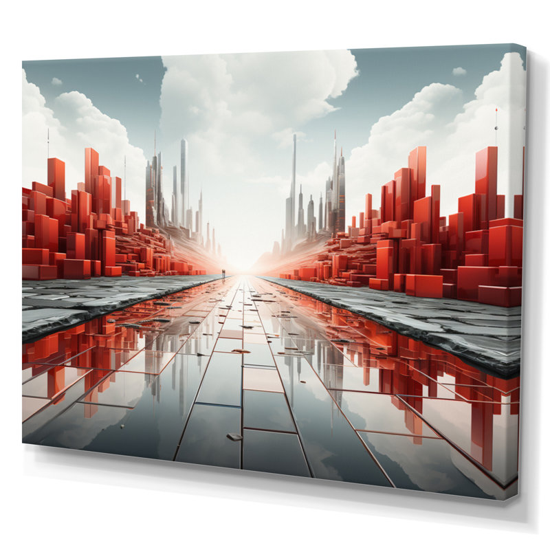Abstrait paysage urbain futur II sur toile, H 30 po x l 40 po, Toile tendue