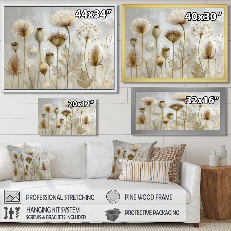«Morning Sunrise Rays Over Dried Flower Meadows», art mural fleurs blanches sur toile, H 12 po x l 20 po, Cadre photo unique