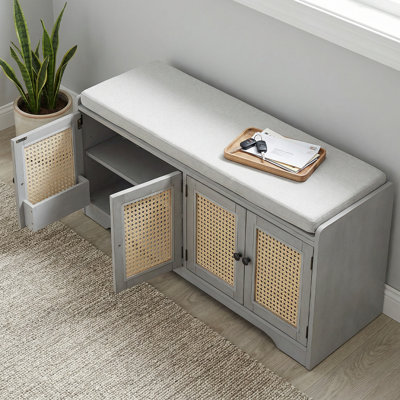 Rattan Shoe Bench with Removable Cushion & Adjustable Shelves