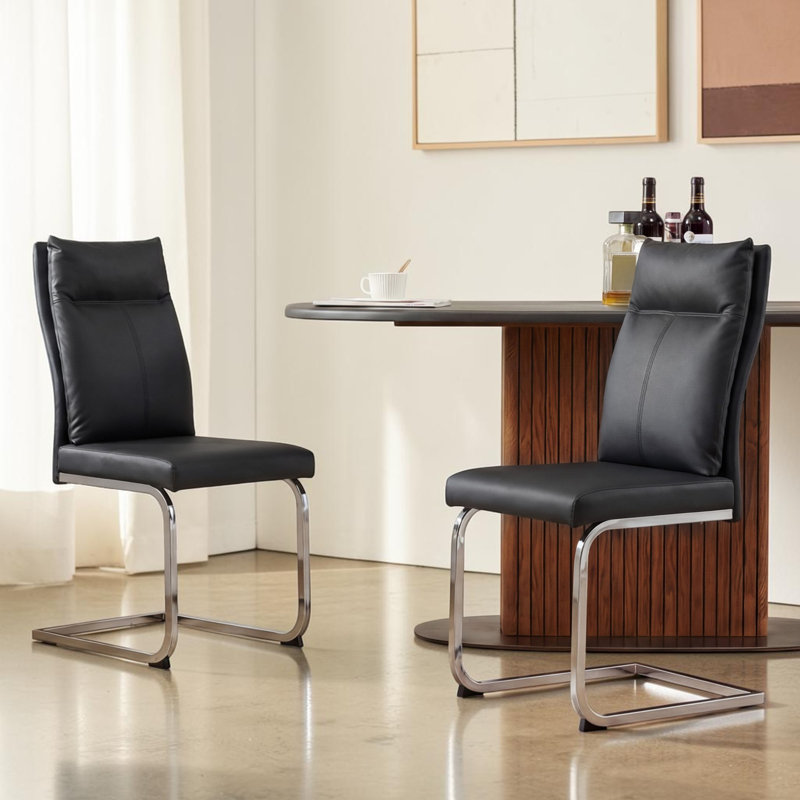 Ensemble de chaises de salle à manger Crumley en similicuir moderne avec dossier à coussin souple et pieds galvanisés, Noir