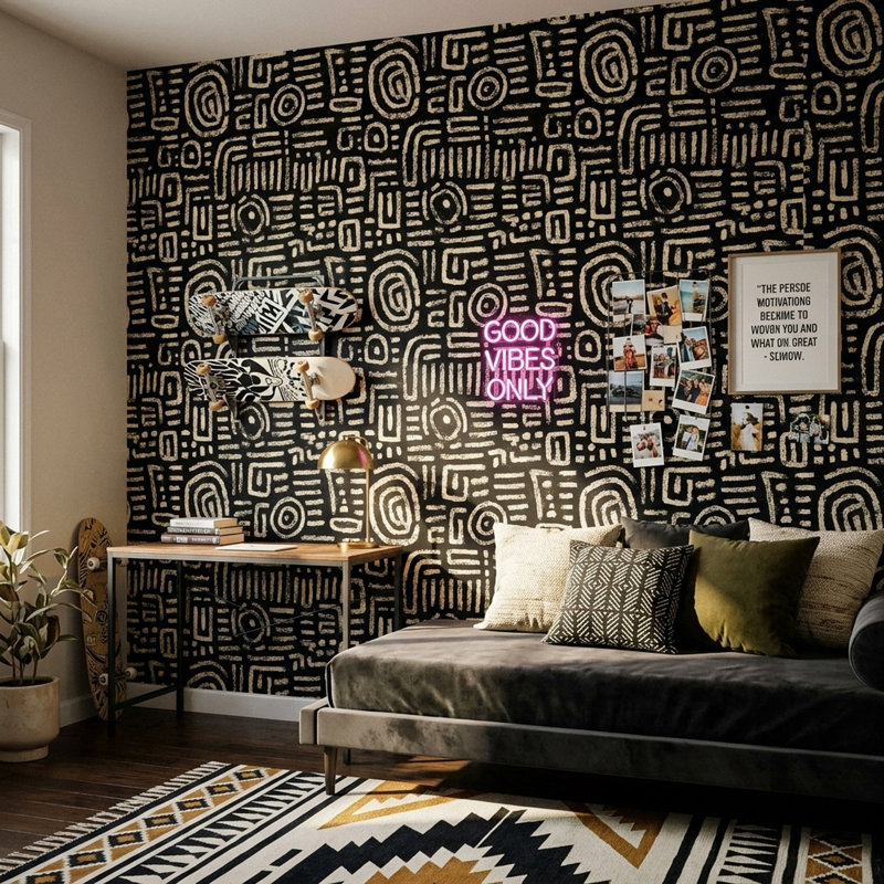 Papier peint abstrait à motifs géométriques abstraits et tribaux, Texturé non collé