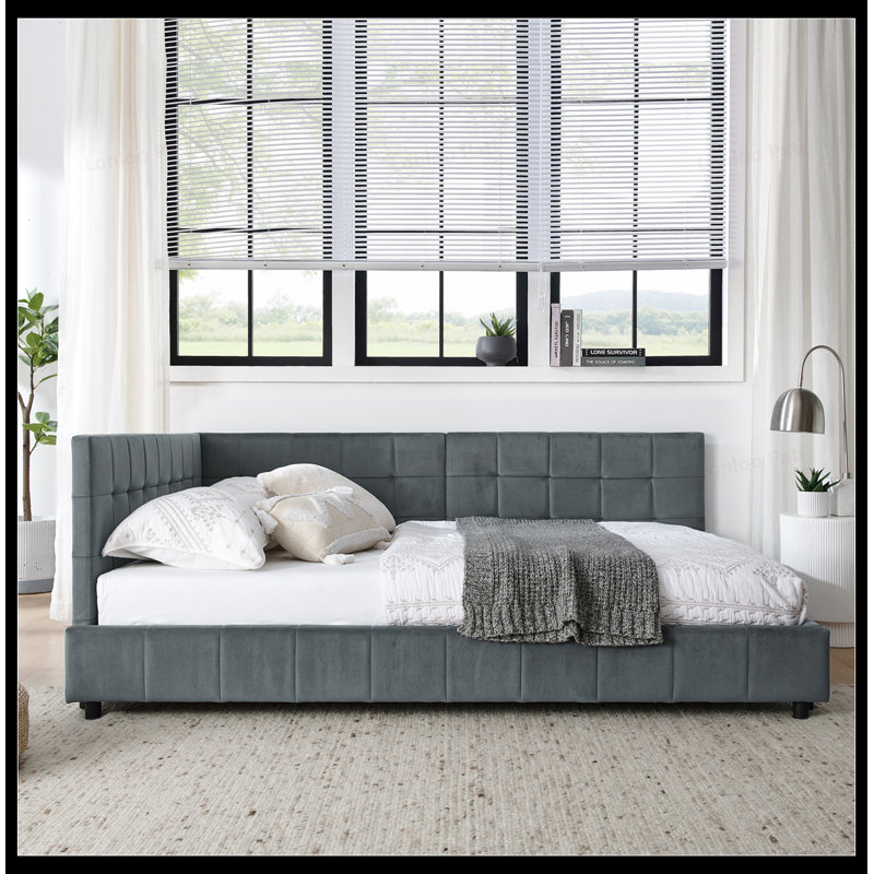 Full Size Upholstered Tufted Bed Frame with Comfortable Backrest and Armrests, Velvet Sofa Bed for Bedroom and Living Room