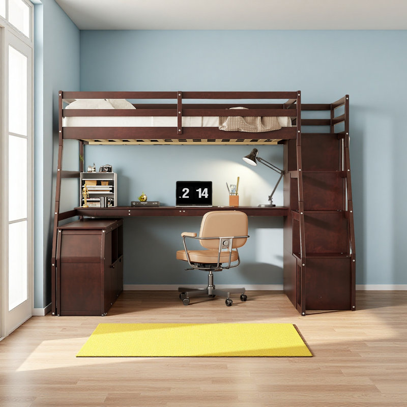 Lit mezzanine double avec 7 tiroirs, 2 tablettes et un bureau, Espresso
