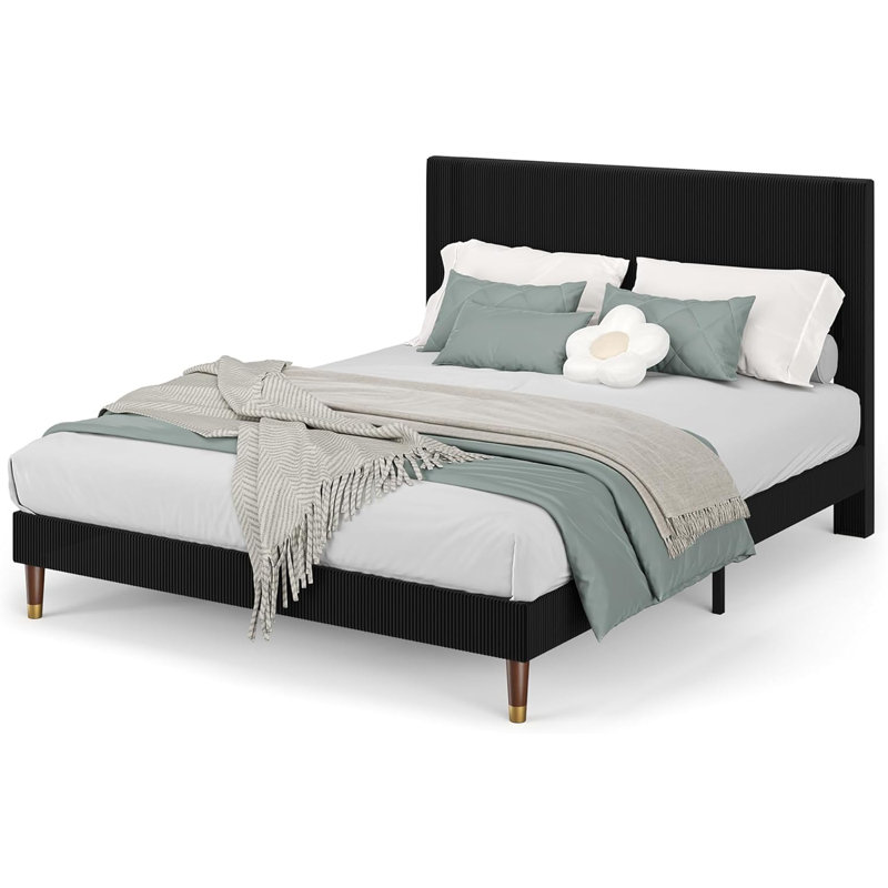 Structure de lit double avec tête de lit, lit plateforme tapissier en velours côtelé avec support en lattes de bois - aucun sommier nécessaire et silencieux, assemblage facile, pour appartement de chambre à coucher, noir