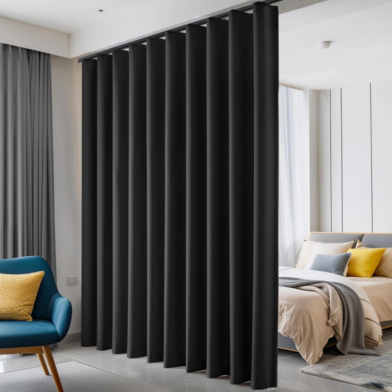 100" X 84" Blackout Ceiling Track Curtain Panel, Soundproof Room Divider With Hooks For Privacy Separation, Black