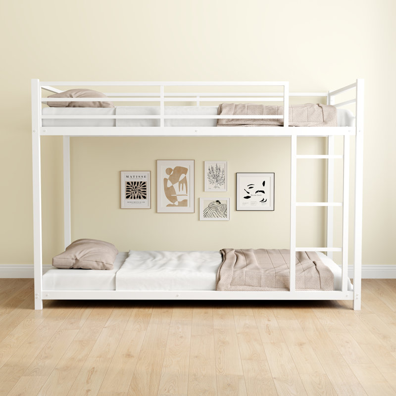 Lit superposé simple au-dessus d'un lit simple en métal / métal robuste robuste / réduction du bruit / barrière de sécurité / aucun sommier tapissier requis, blanc