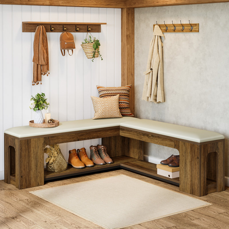 47" Farmhouse L Shaped Corner Bench, Breakfast Nook Bench with  Removeable Seat Cushion