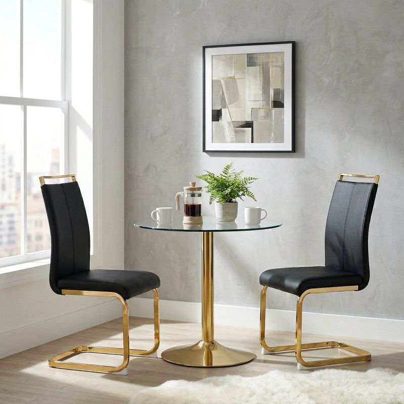 Amari 3-Piece Modern Round Tempered Glass Dining Set with Metal Pedestal and Cantilever Chairs, Black, Gold